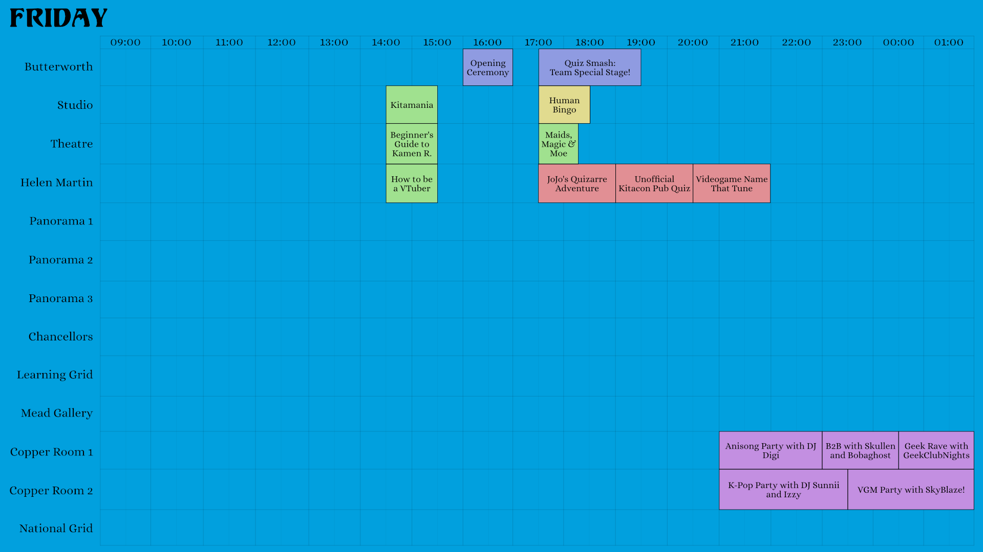 A timetable of Kitacon's Friday schedule