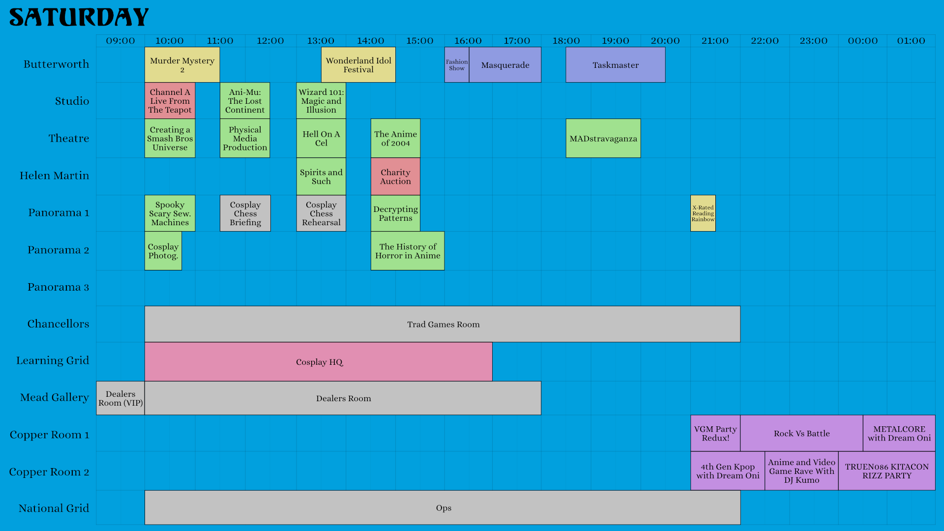 A timetable of Kitacon's Saturday schedule