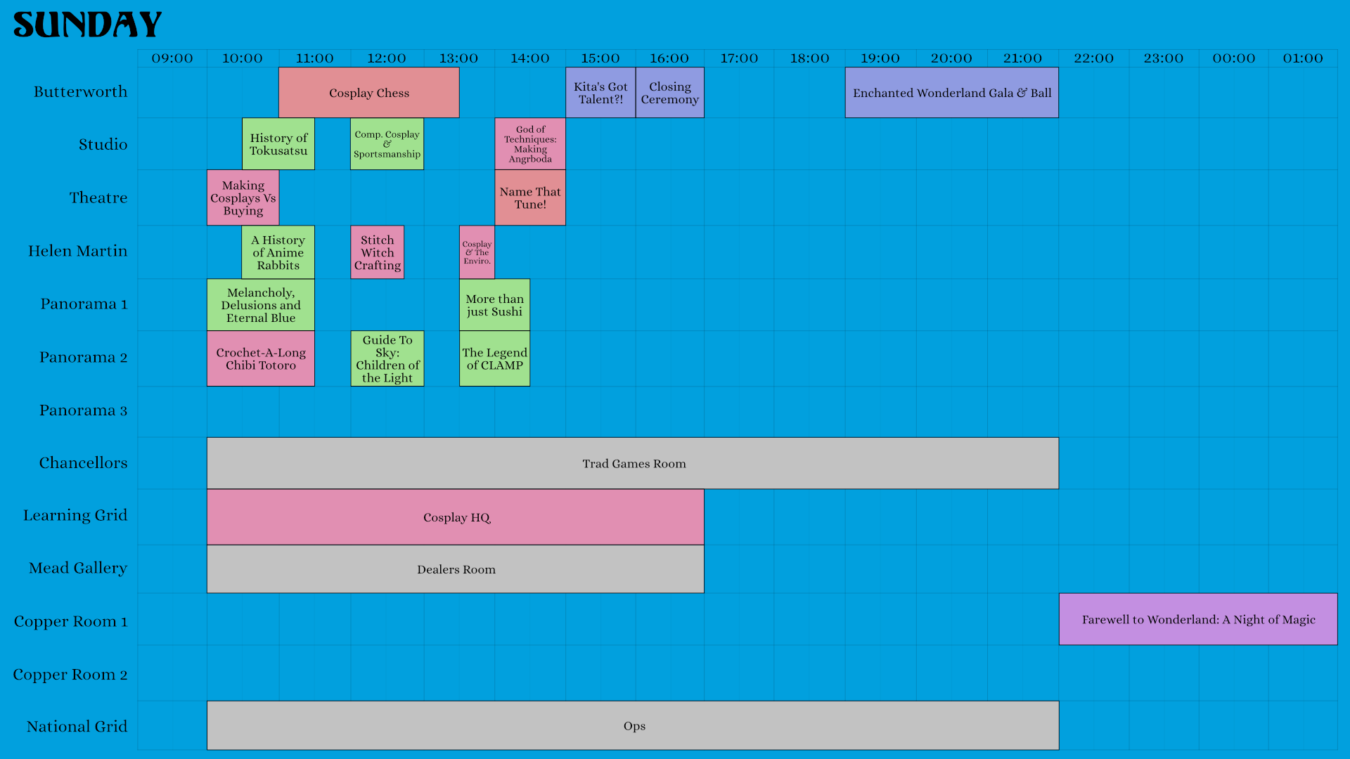 A timetable of Kitacon's Sunday schedule